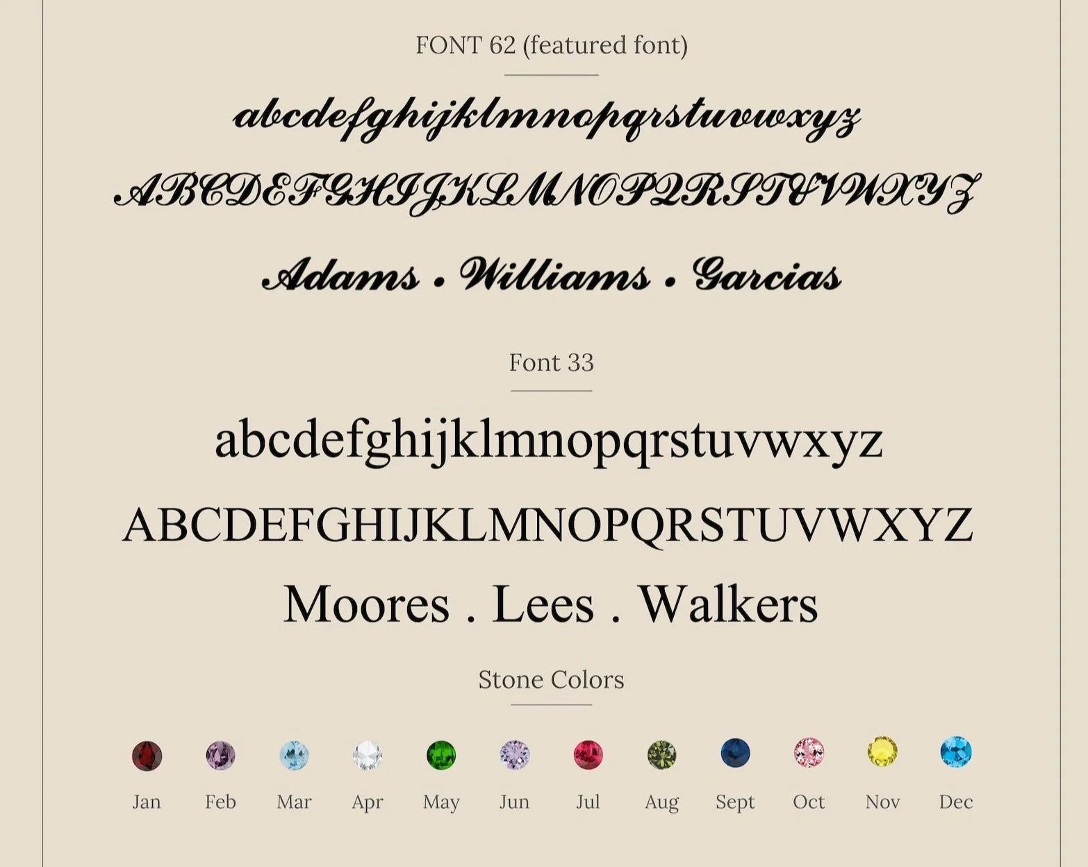 Display of a vintage-style font with sample text and color swatches.