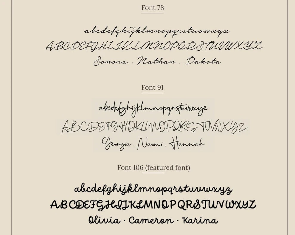 Three different handwritten font styles on a beige background