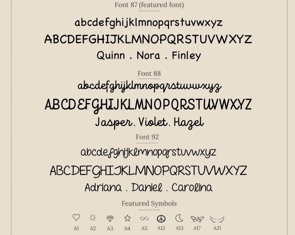 Display of different fonts with sample text on a beige background