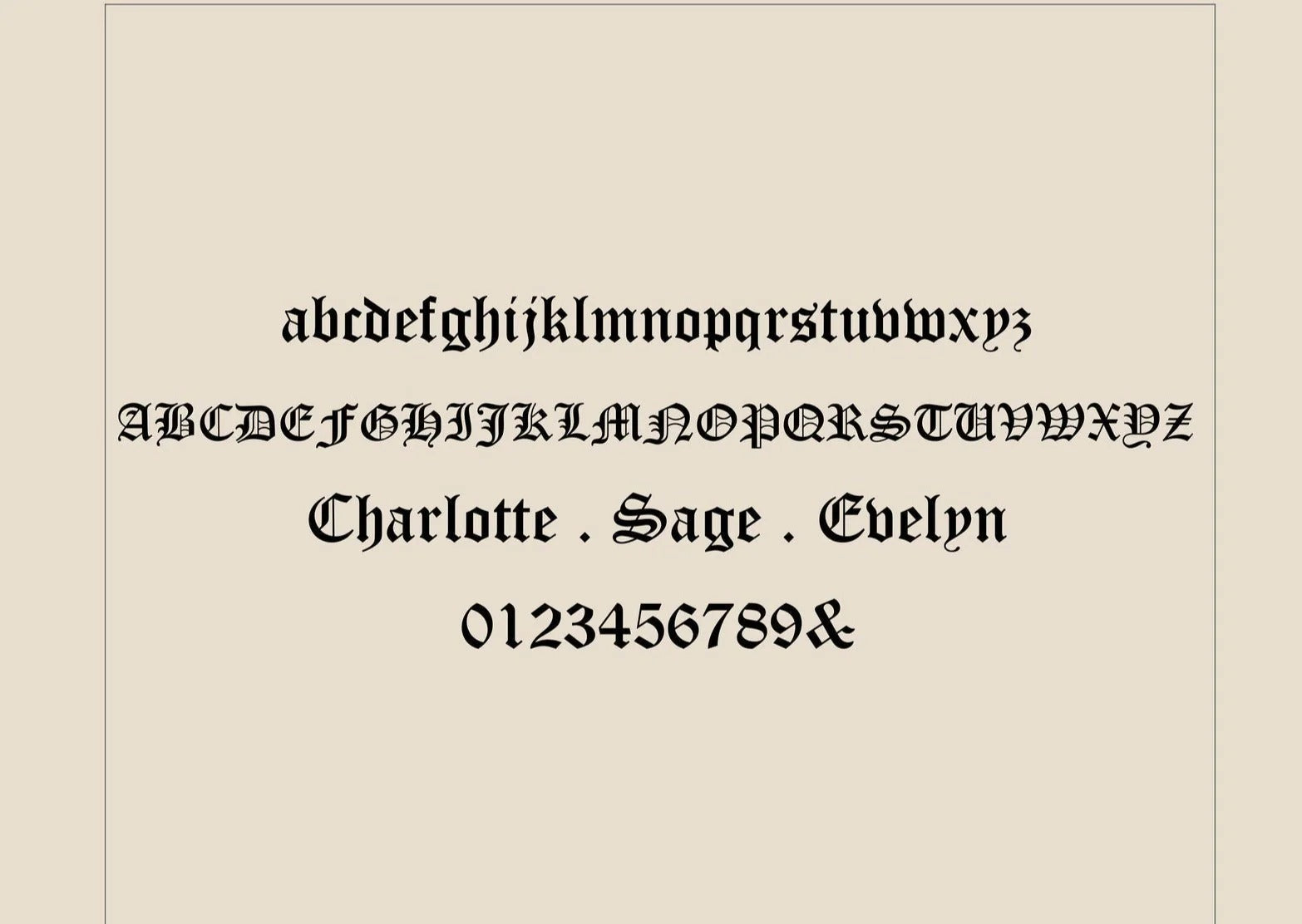 Display of a decorative font with letters, names, and numbers on a beige background