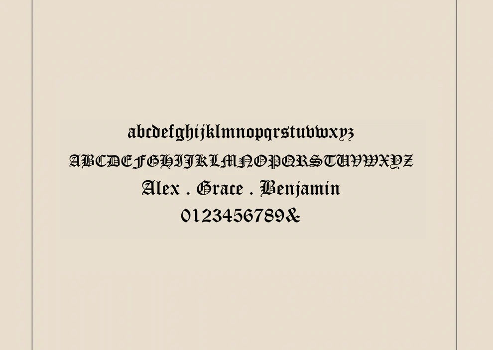 Display of a gothic-style font on a beige background