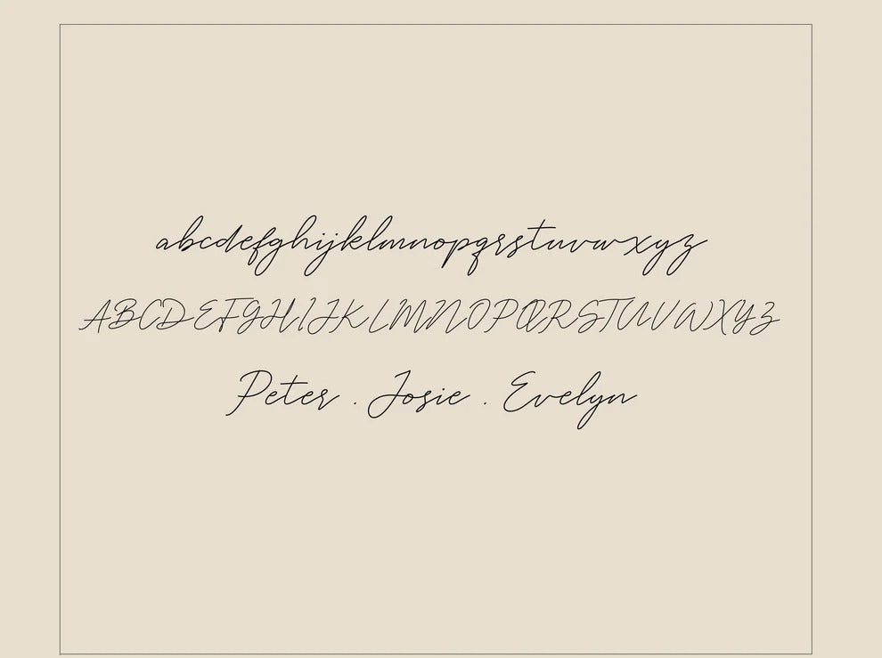 Display of a cursive font with letters and names on a beige background