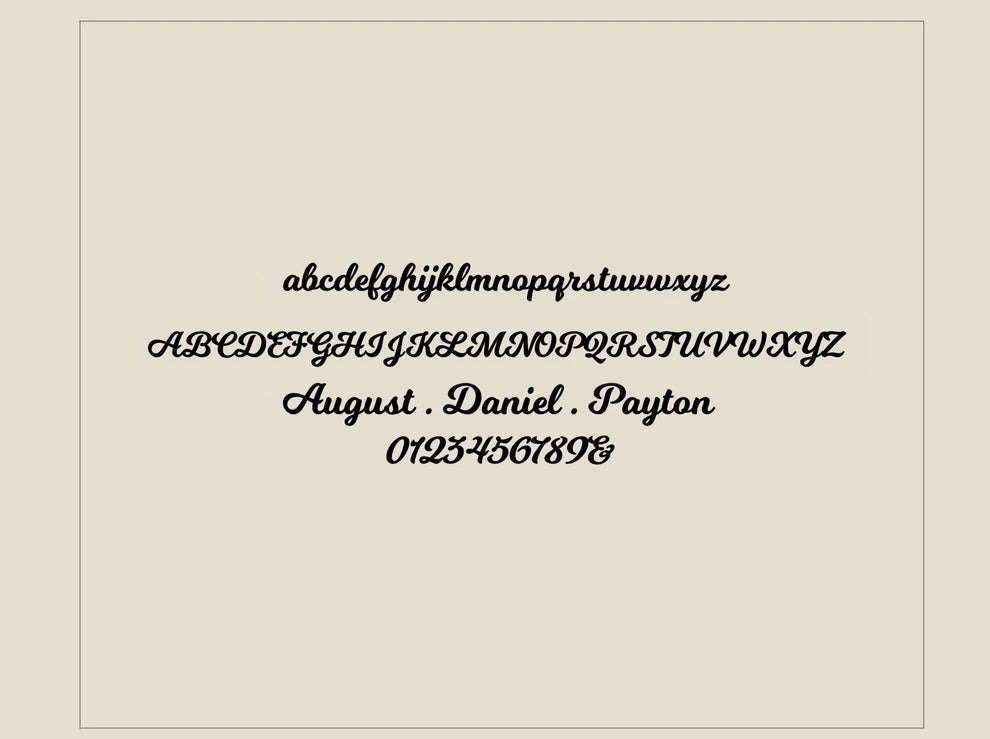 Calligraphic alphabet, names, and numbers on a beige background