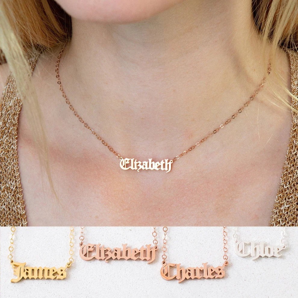 Rose gold name necklace with 'Elizabeth' on a person's neck, with other name necklaces displayed below.