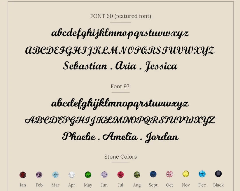 Font sample with different styles and color options on a beige background