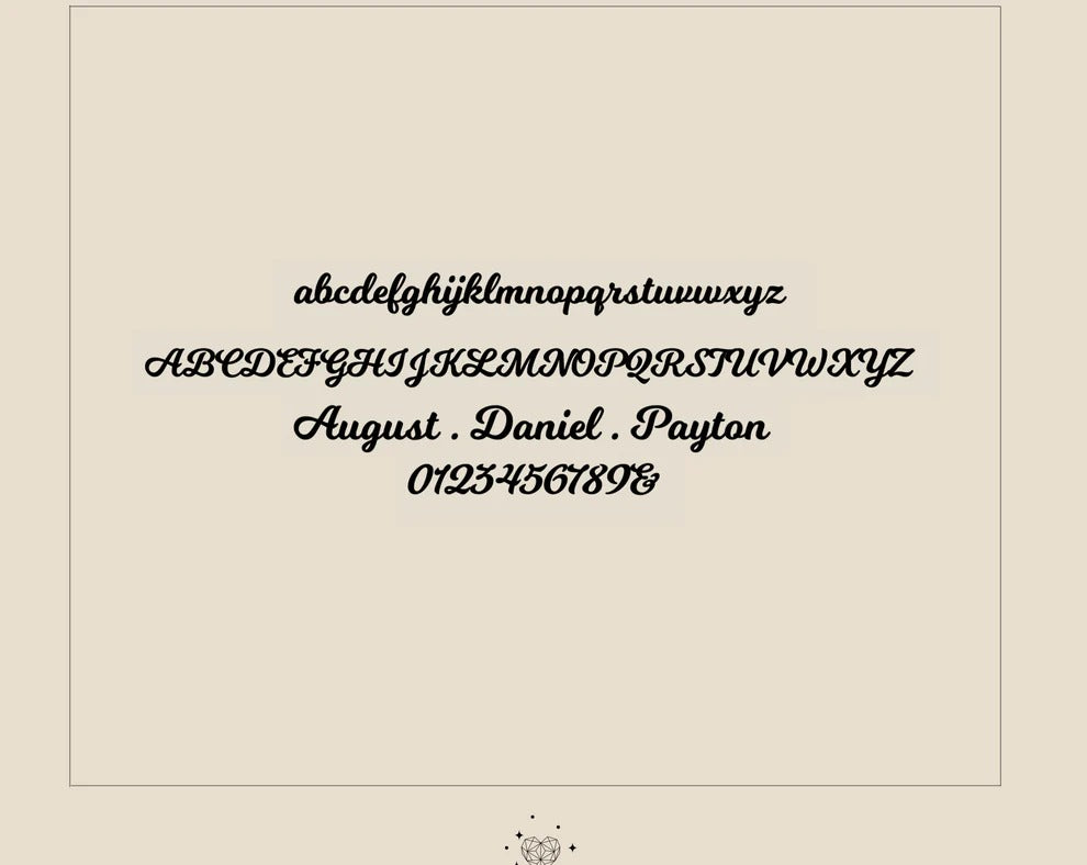 Display of various fonts, names, and numbers on a beige background
