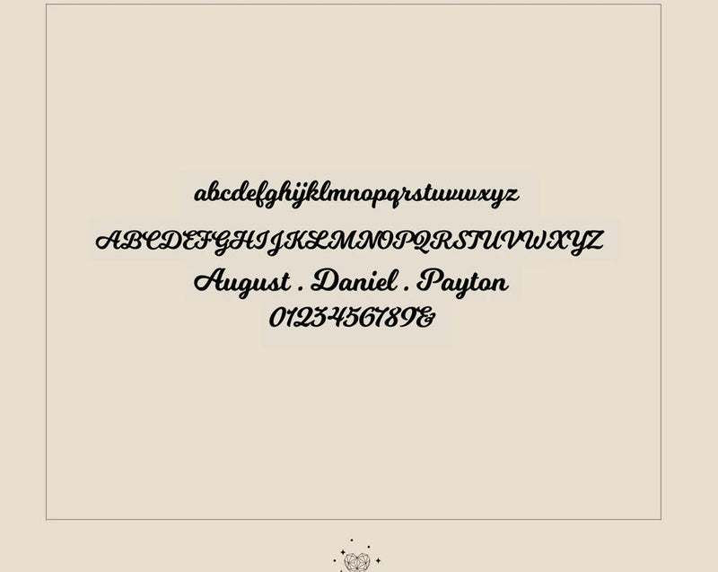 Display of various fonts, names, and numbers on a beige background