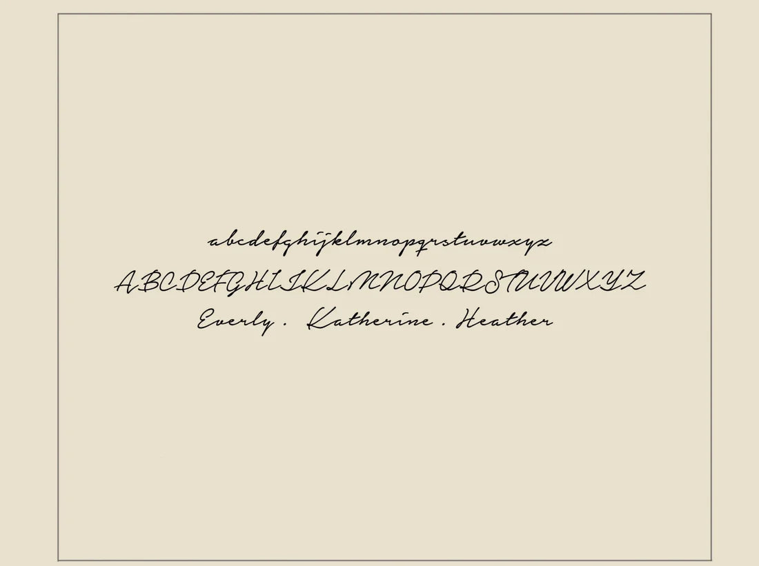 Calligraphy alphabet and names on a beige background