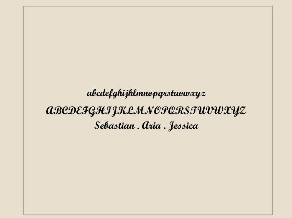 Beige background with black text including alphabet, names, and decorative elements.