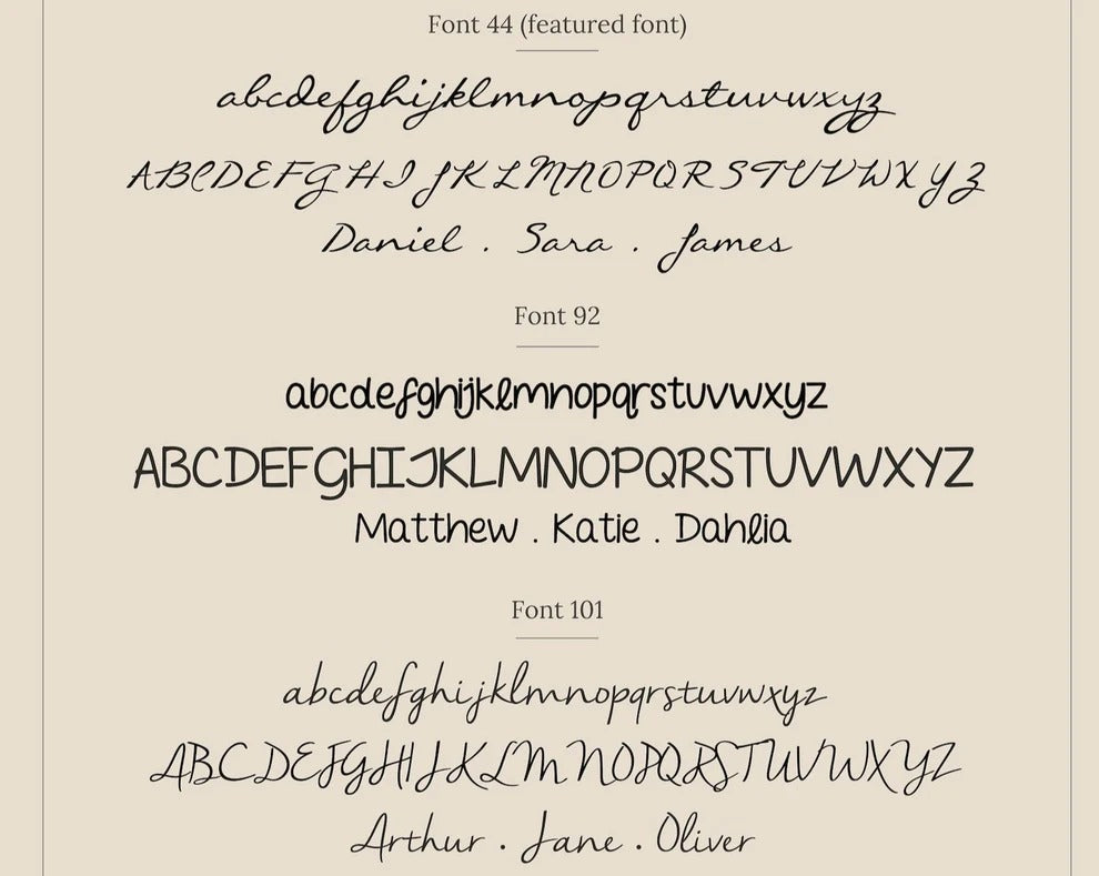 Three different fonts displayed on a beige background with sample names.