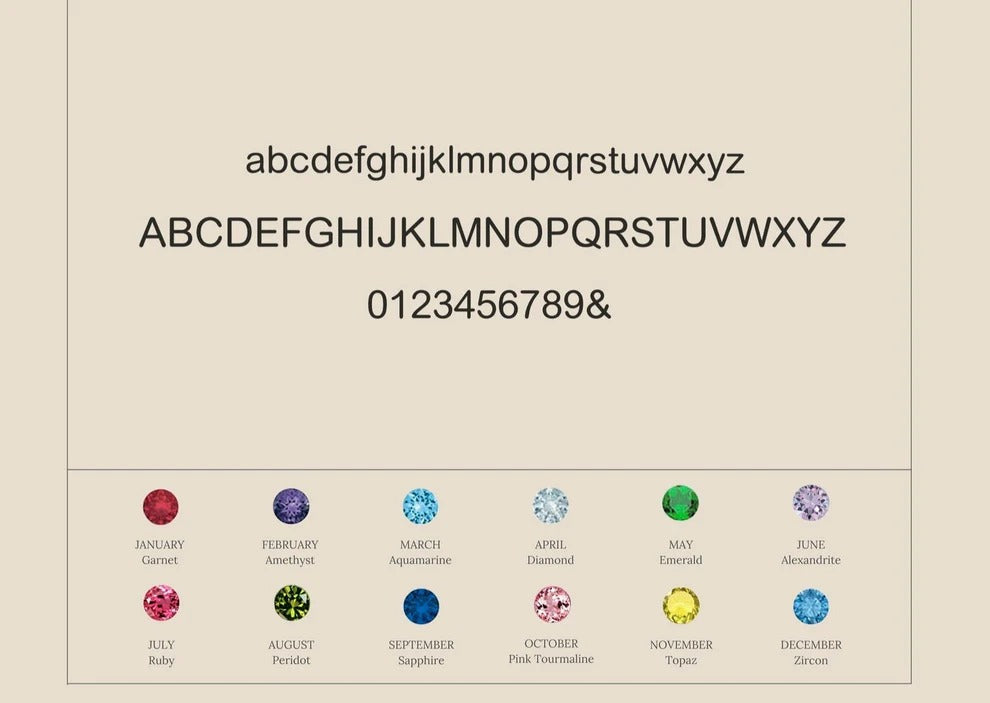 Colorful gemstones corresponding to each month of the year on a beige background with alphabet and numbers.