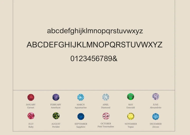 Colorful gemstones corresponding to each month of the year on a beige background with alphabet and numbers.