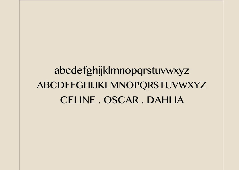 Display of a typeface with sample text on a beige background