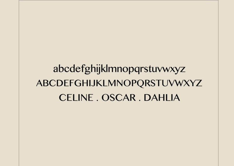 Display of a typeface with sample text on a beige background