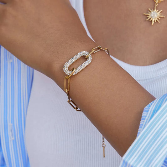 Sloane Pave Link Bracelet - 18k Gold Plated Paperclip Bracelet