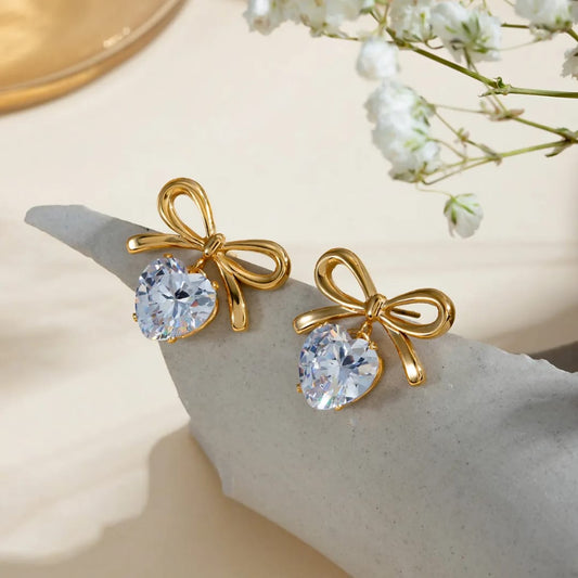 Jolie Heart & Bow Studs - 18k Gold Plated Earrings