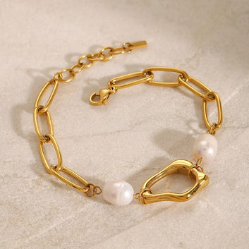 Faye Pearl and Gold Abstract Link Bracelet.