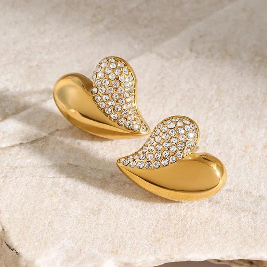 Charming Stainless Steel Heart Earrings with 18k Gold PVD Coating and Cubic Zirconia Stones