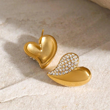 Charming Stainless Steel Heart Earrings with 18k Gold PVD Coating and Cubic Zirconia Stones