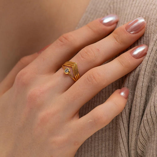 Chevron Elegance 18K Gold-Plated Adjustable Ring
