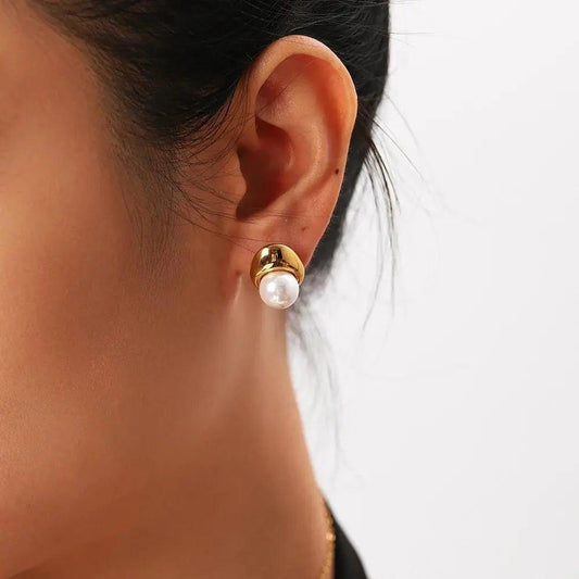 Classic Pearl Stud Earrings with 18k Gold PVD Coating