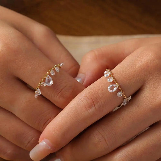 Delicate Crystal Drop Rings with 18k Gold PVD Stainless Steel