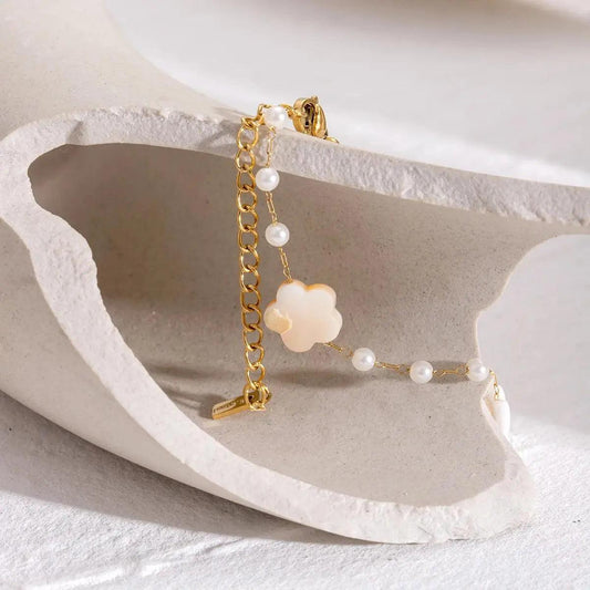 Delicate Layered Chain Bracelet with Pearls and Flower Pendant