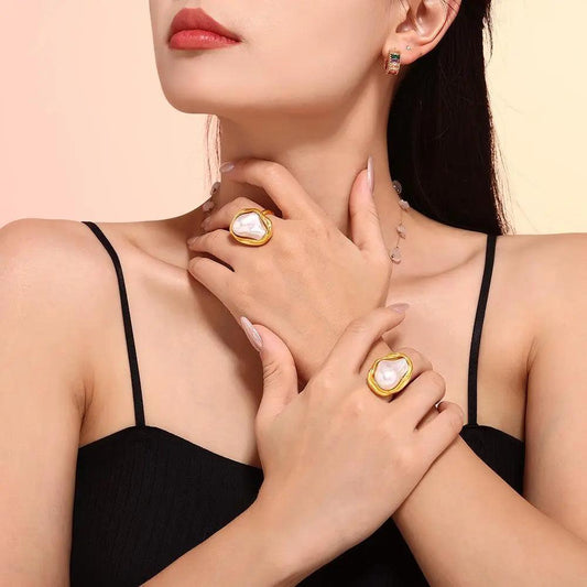 Elegant 18k Gold PVD Coated Stainless Steel Pearl Rings