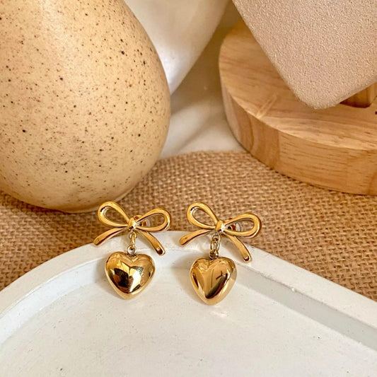 Elegant Bow and Heart Gold Earrings