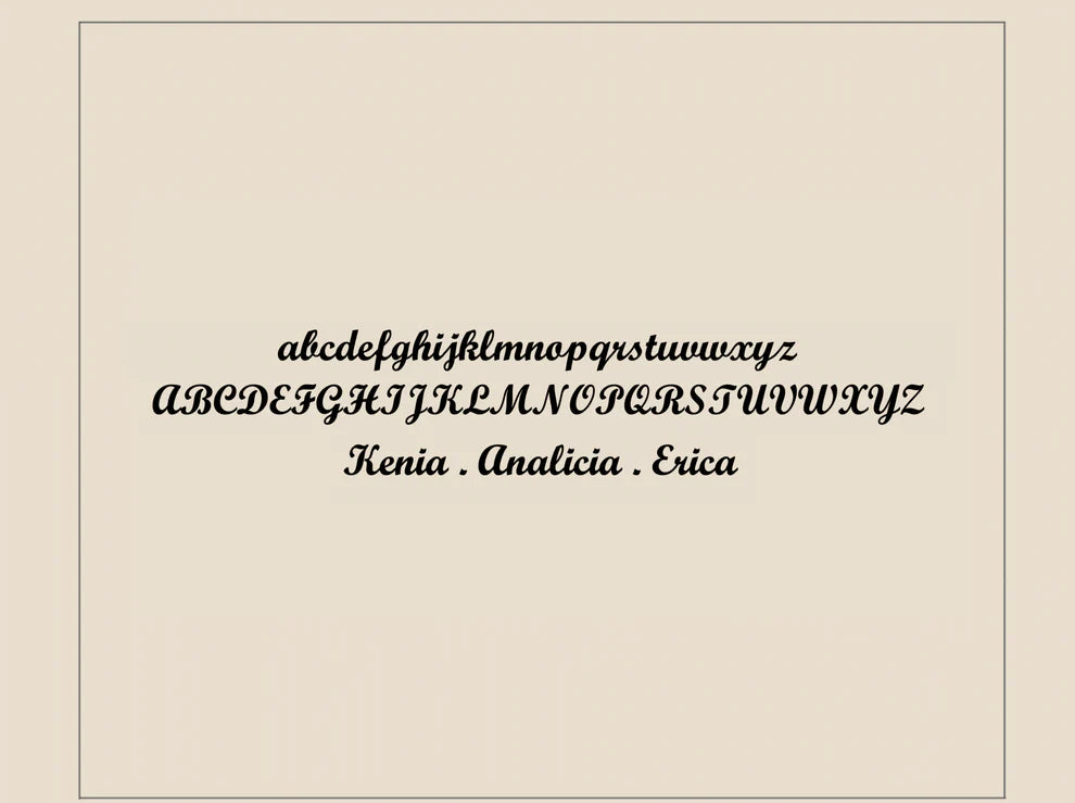 Decorative font display with alphabet and names on a beige background