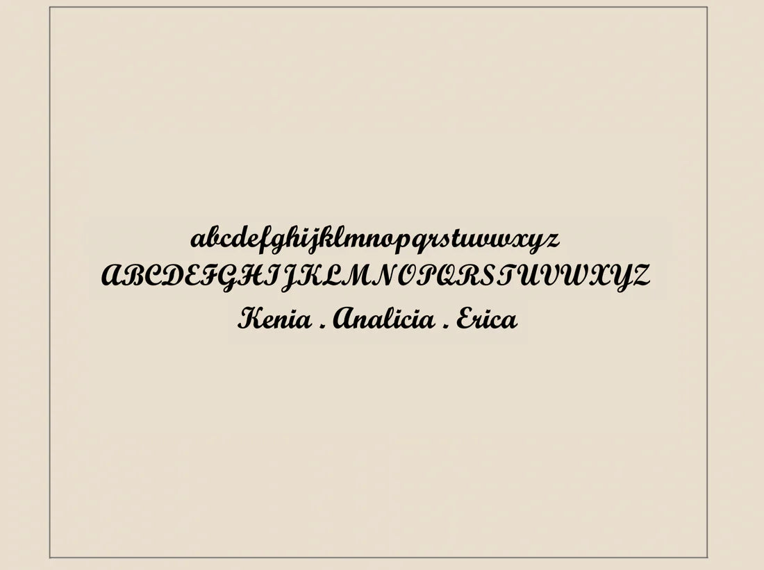 Display of a decorative font with letters and names on a beige background