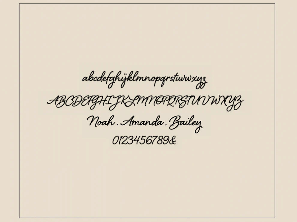 Calligraphic alphabet, names, and numbers on a beige background