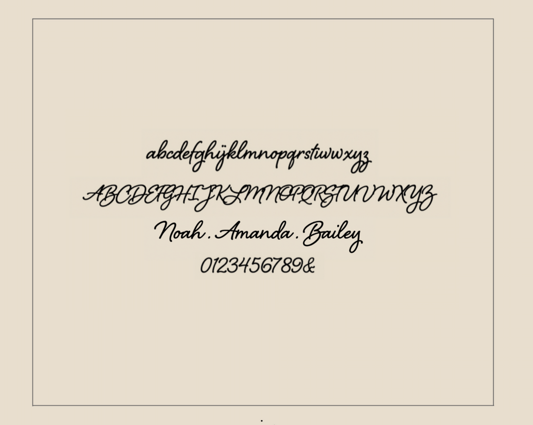 Calligraphy alphabet and names on a beige background