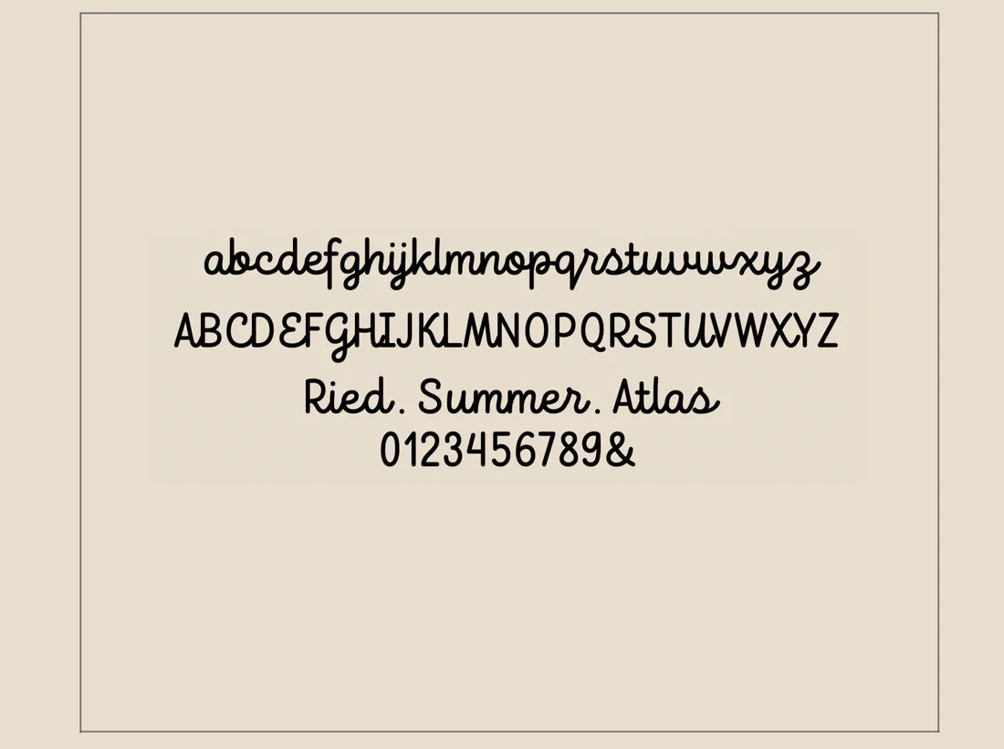 Display of a typeface with letters, numbers, and symbols on a beige background