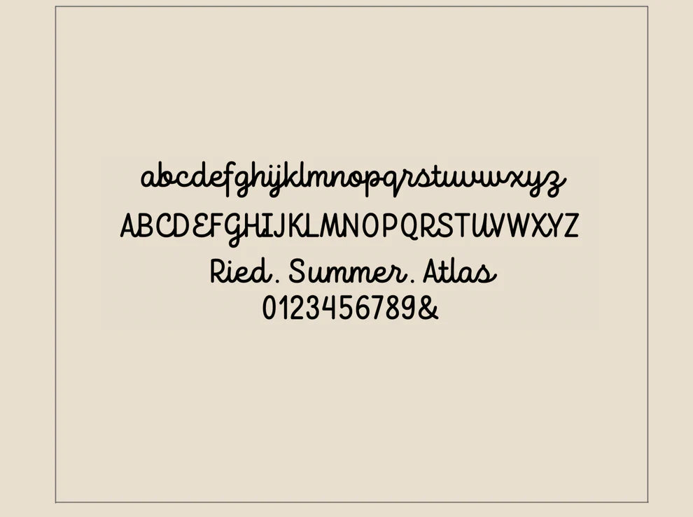 Display of a font on a beige background with letters, numbers, and symbols.
