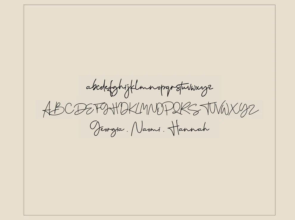Calligraphy alphabet and names on a beige background
