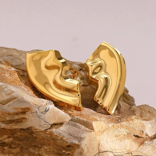 Golden Wave Stainless Steel Stud Earrings with 18k Gold