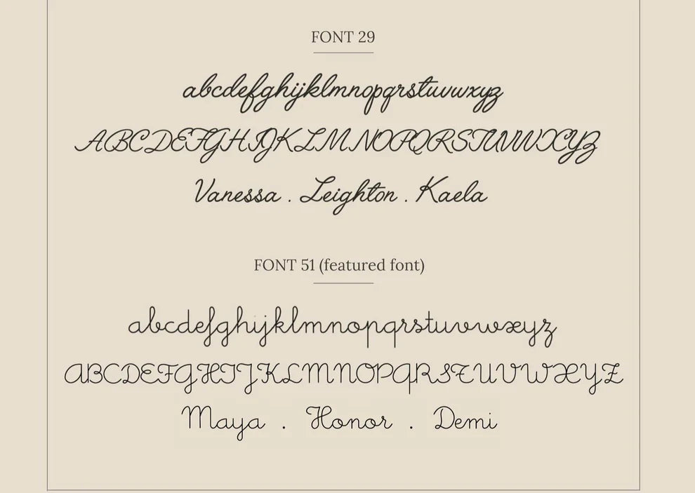 Two fonts displayed on a beige background with text and names.