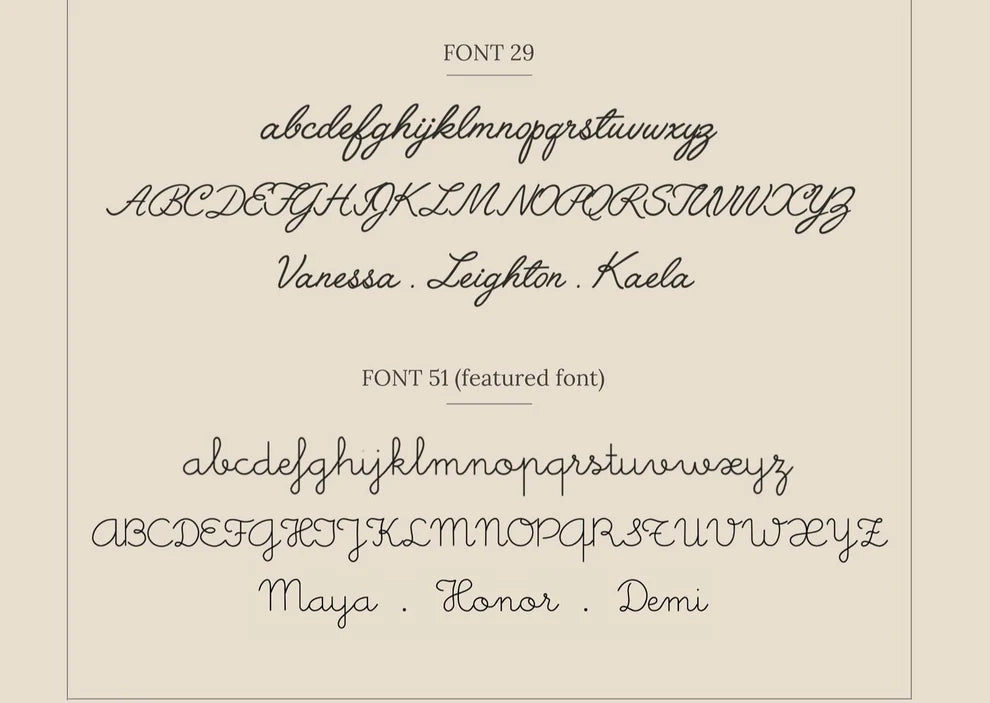 Two fonts displayed on a beige background with text and names.