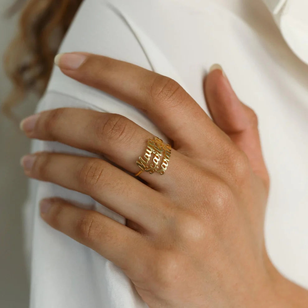 Close-up of a hand wearing a gold ring with a white background