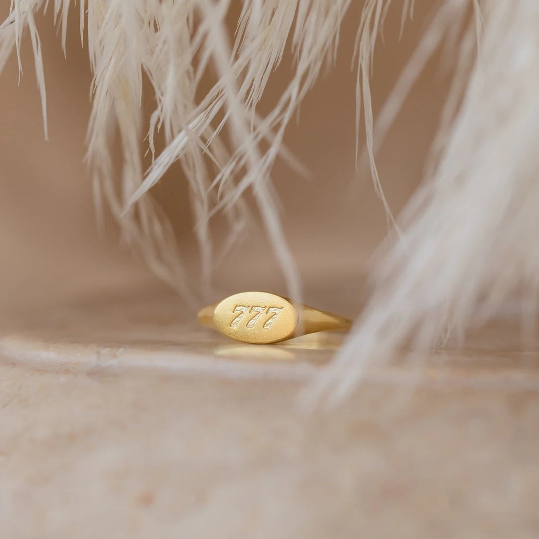 Gold ring with '727' engraving on a soft beige background