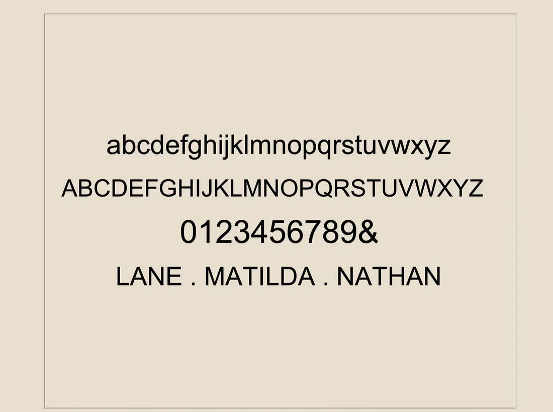 Display of alphabet, numbers, and names on a beige background