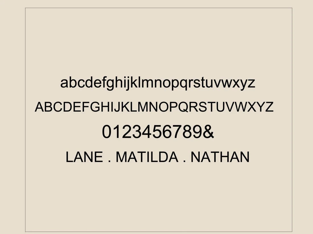 Display of alphabet, numbers, and names on a beige background