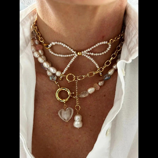 Necklace with Pearls, Beads – 18K Gold-Plated Stainless Steel