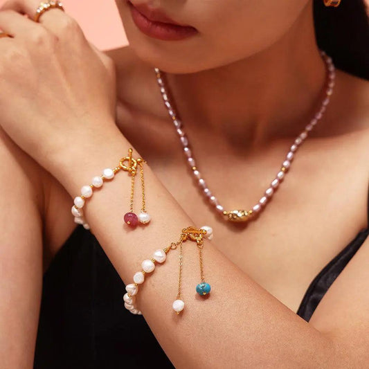 Luxurious Pearl and Gemstone Bracelet with 18k Gold PVD Stainless Steel Accents