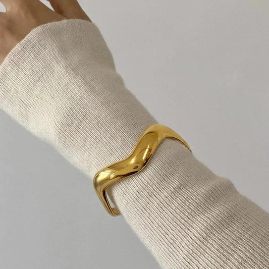 Modern Wave Stainless Steel Cuff Bracelet with 18k Gold PVD Coating