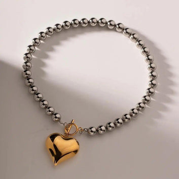 Stainless Steel Beaded Necklace with 18k Gold Heart Pendant