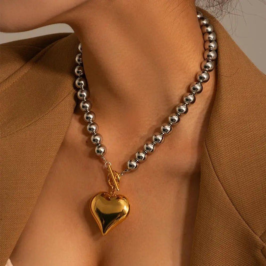 Stainless Steel Beaded Necklace with 18k Gold Heart Pendant