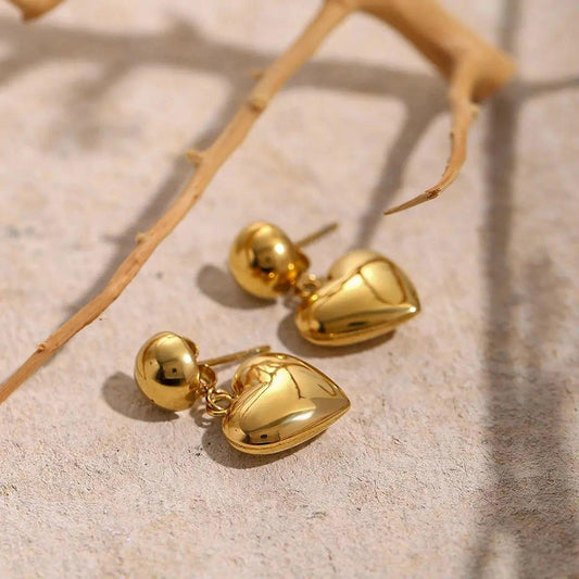 Stylish Stainless Steel Heart Dangle Earrings with 18k Gold PVD Coating