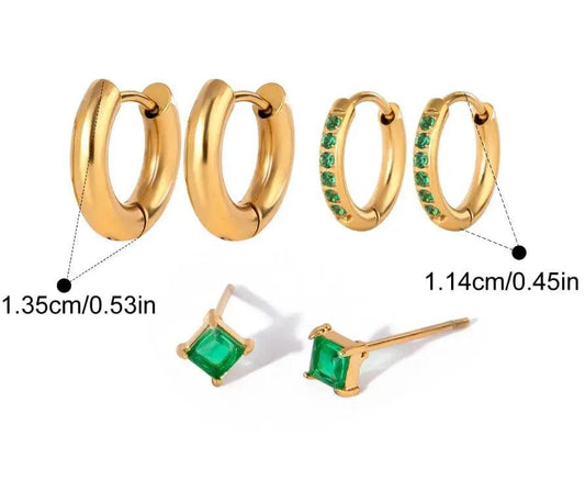 Versatile Huggie Hoop Earrings Set with Crystals and Green Gemstones